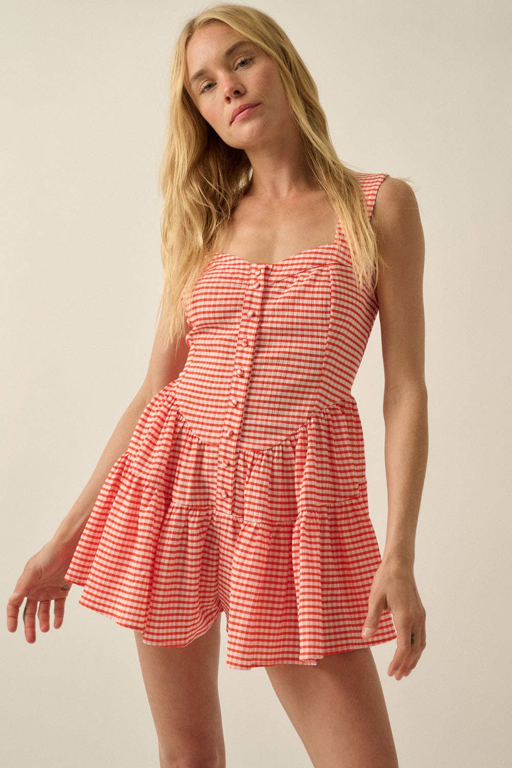 Red Orange Gingham Tiered Ruffle Romper