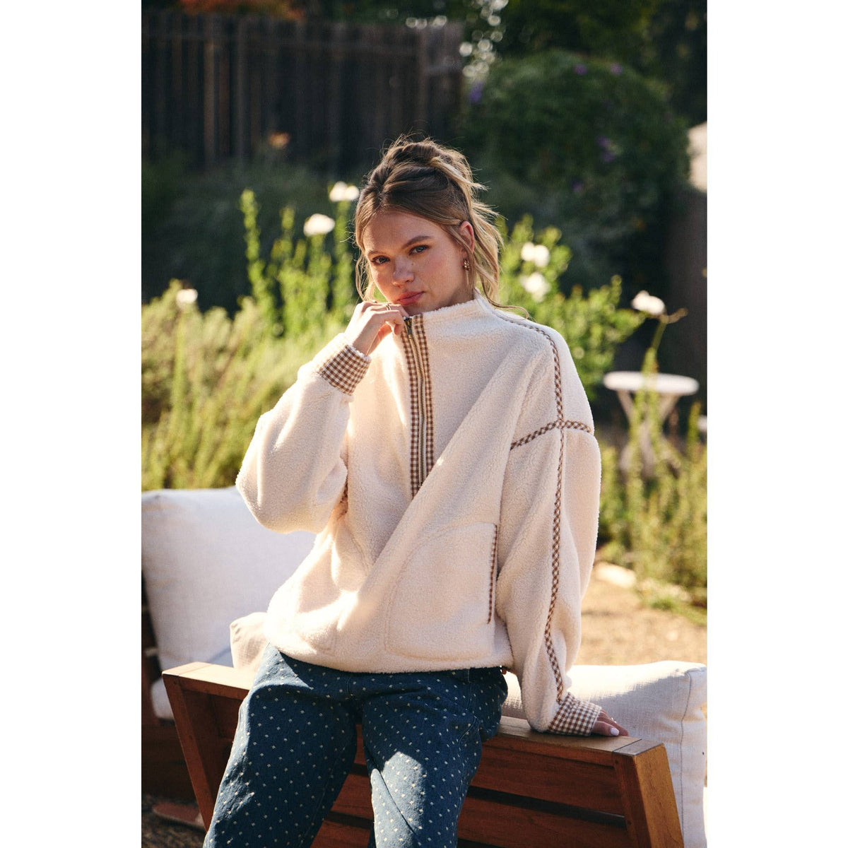 Cozy Cabin Gingham Trim Sherpa Fleece Half-Zip Pullover – Cream