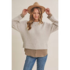 Country Road Layered Plaid Hem Twofer Sweater Top – Light Oatmeal