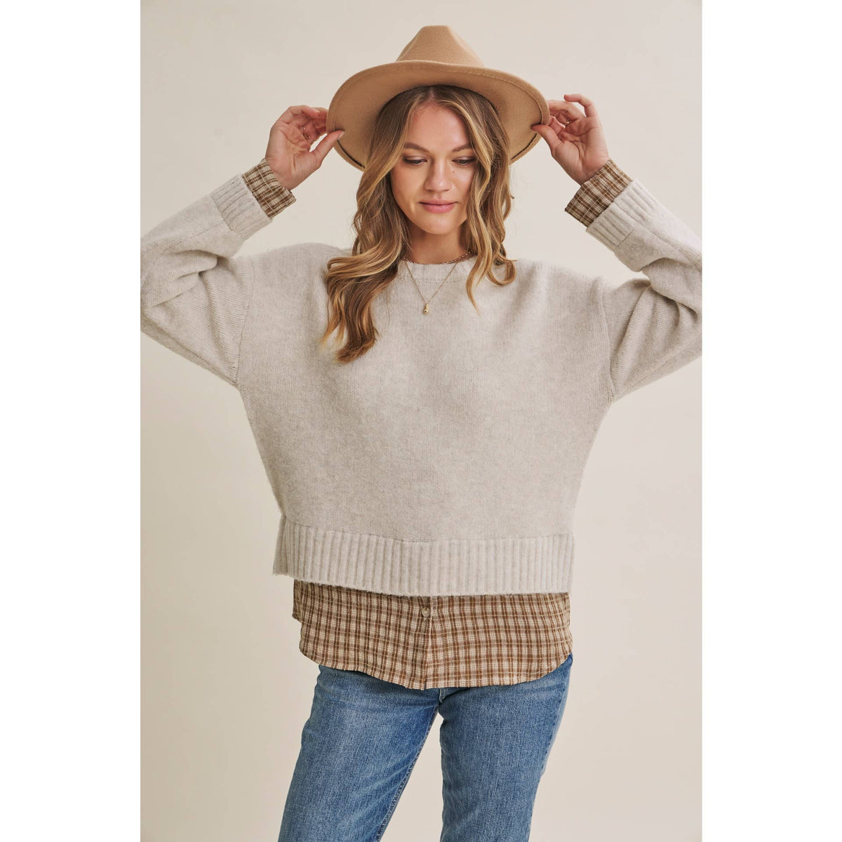 Country Road Layered Plaid Hem Twofer Sweater Top – Light Oatmeal