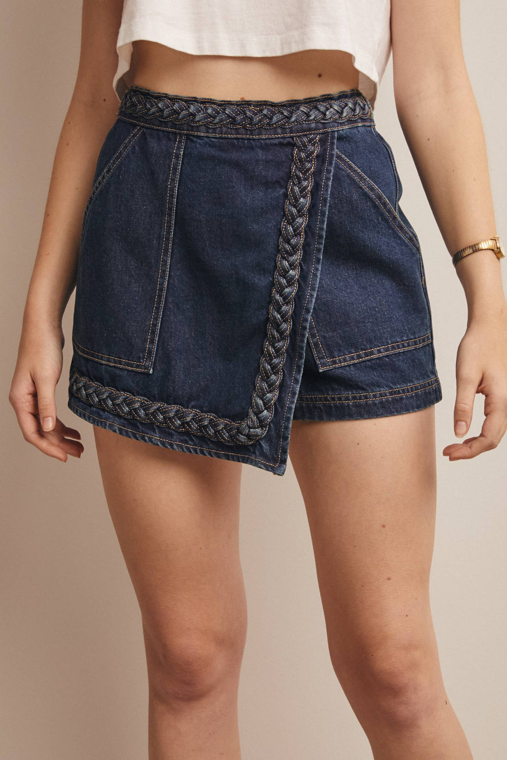 Braided Trim Denim Wrap Skort