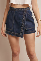 Braided Trim Denim Wrap Skort