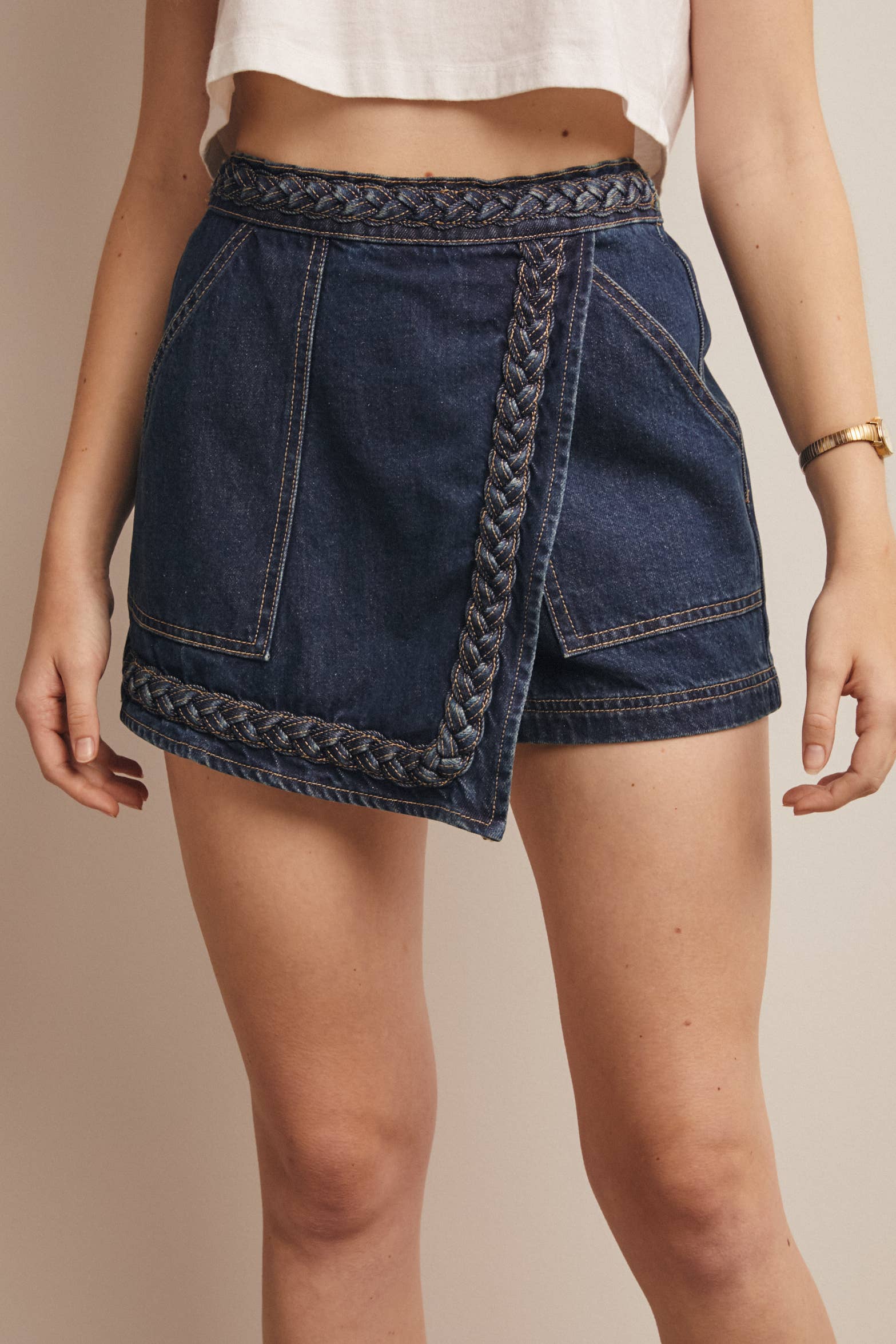 Braided Trim Denim Wrap Skort