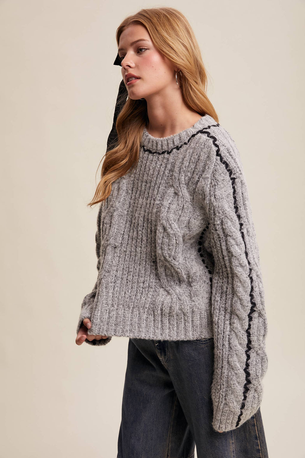 Contrast Stitch Cable Knit Sweater