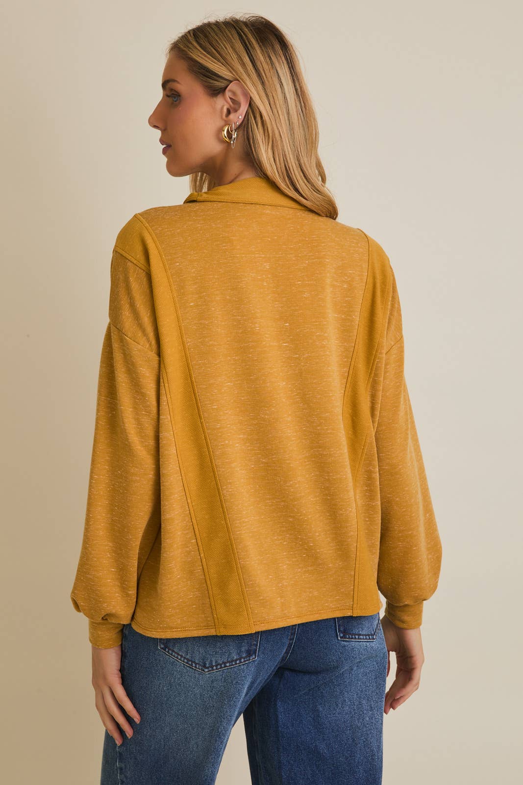 Long Sleeve Half Zip Reverse Fabric Contrast Top – Mustard