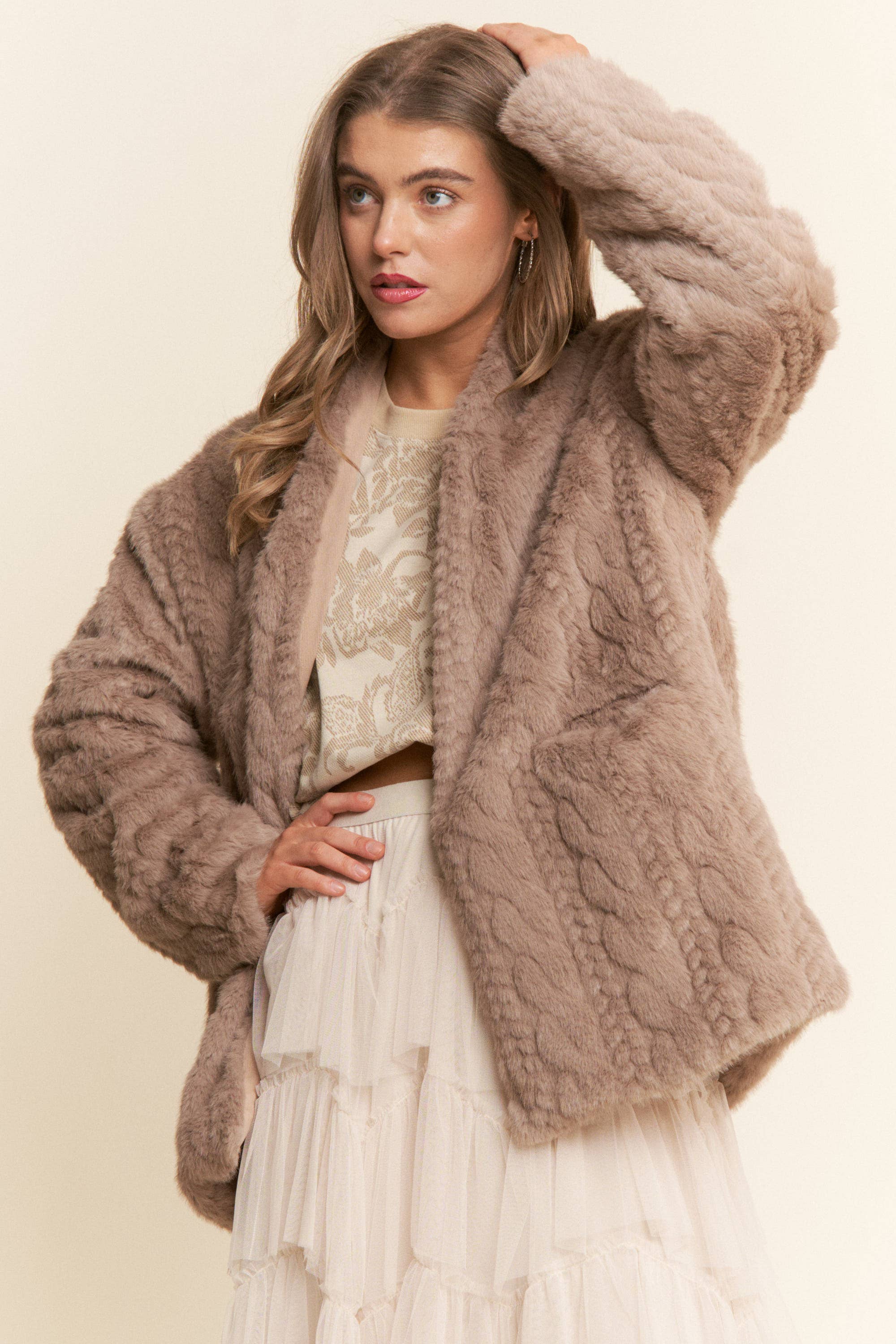 Faux Fur Pressed Print Open Coat