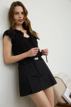 KEYHOLE NECK WITH TIE LACE TRIM SHORT SLEEVE TOP