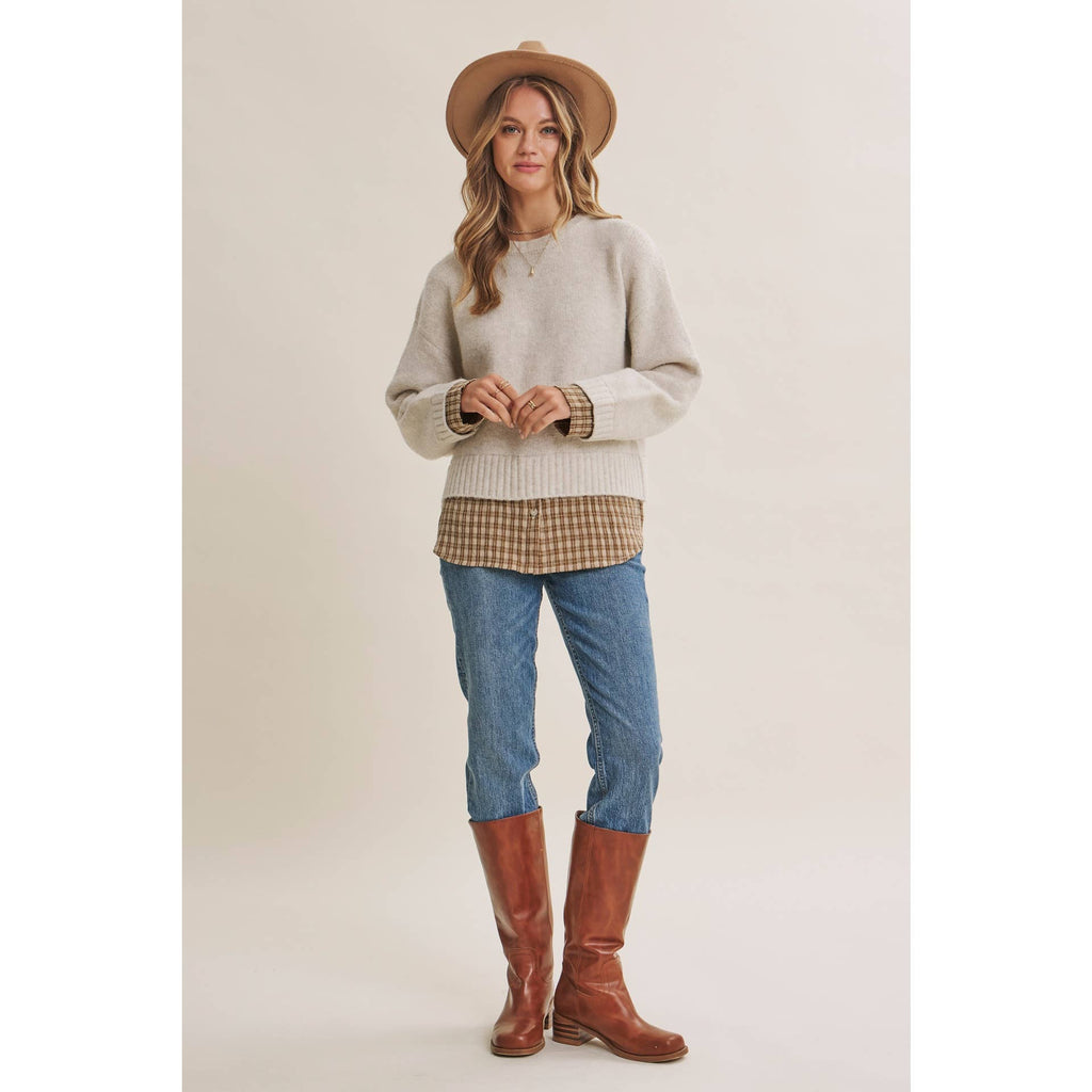 Country Road Layered Plaid Hem Twofer Sweater Top – Light Oatmeal
