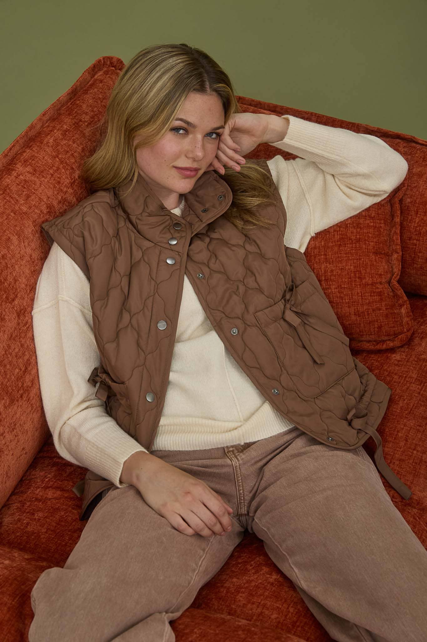TIE DETAIL SNAP BUTTON DOWN QUILTED PUFFER VEST