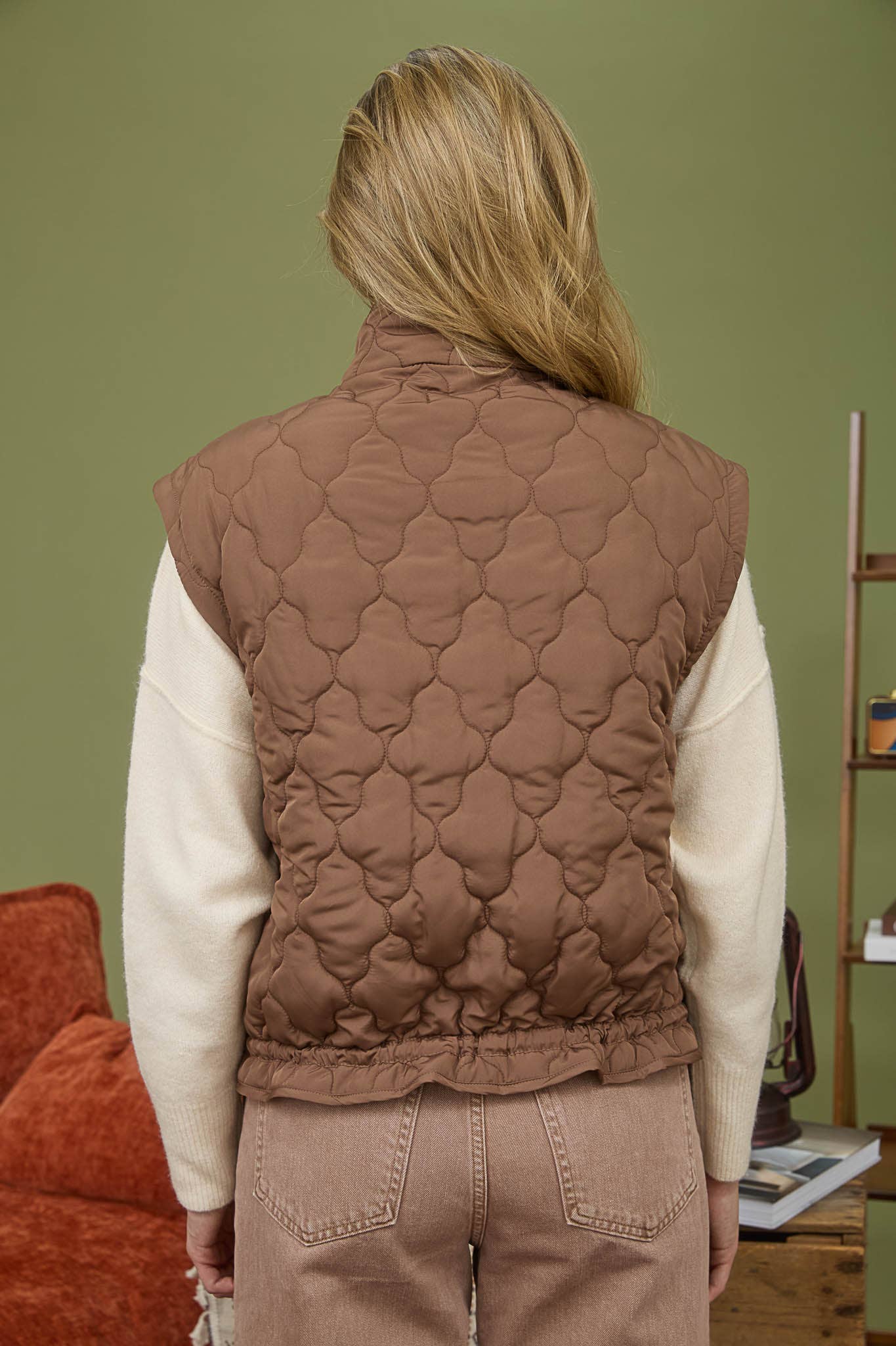 TIE DETAIL SNAP BUTTON DOWN QUILTED PUFFER VEST