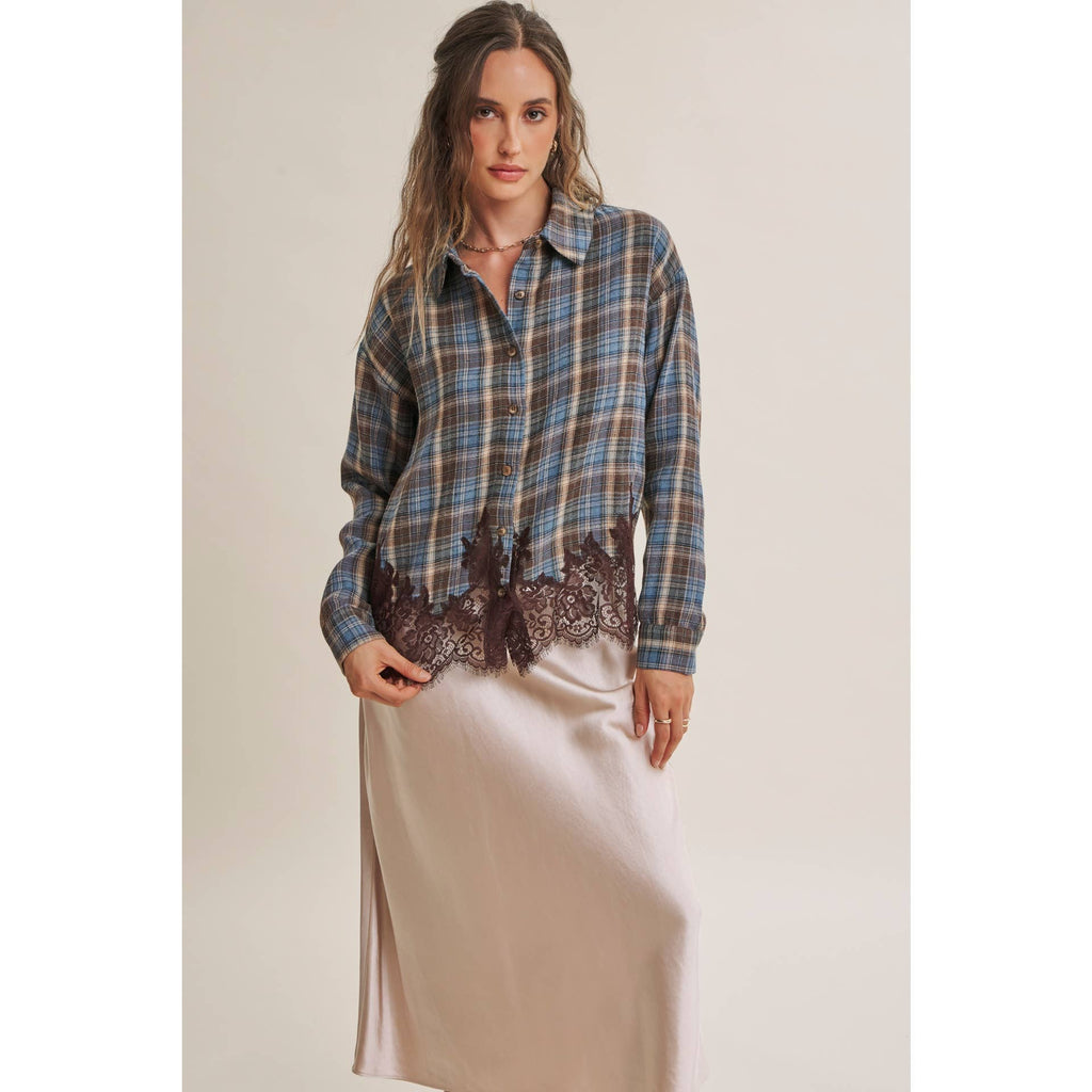 Plaid & Lace Hem Button-Down Shirt – Blue/Brown