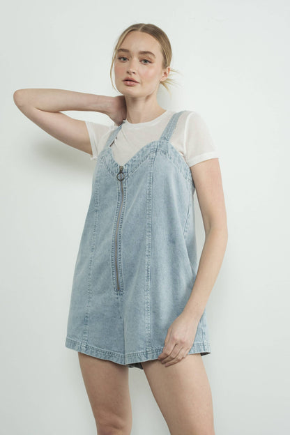 DENIM SLEEVELESS ROMPER WITH FRONT ZIPUP