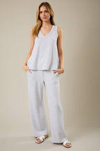 Mid Rise Drawstring Wide Leg Pants - Elastic Waist Palazzo