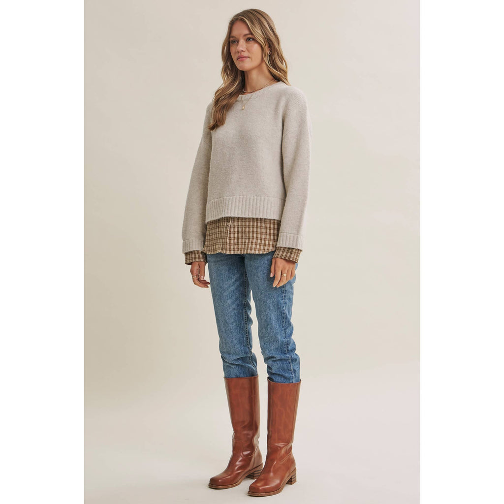 Country Road Layered Plaid Hem Twofer Sweater Top – Light Oatmeal