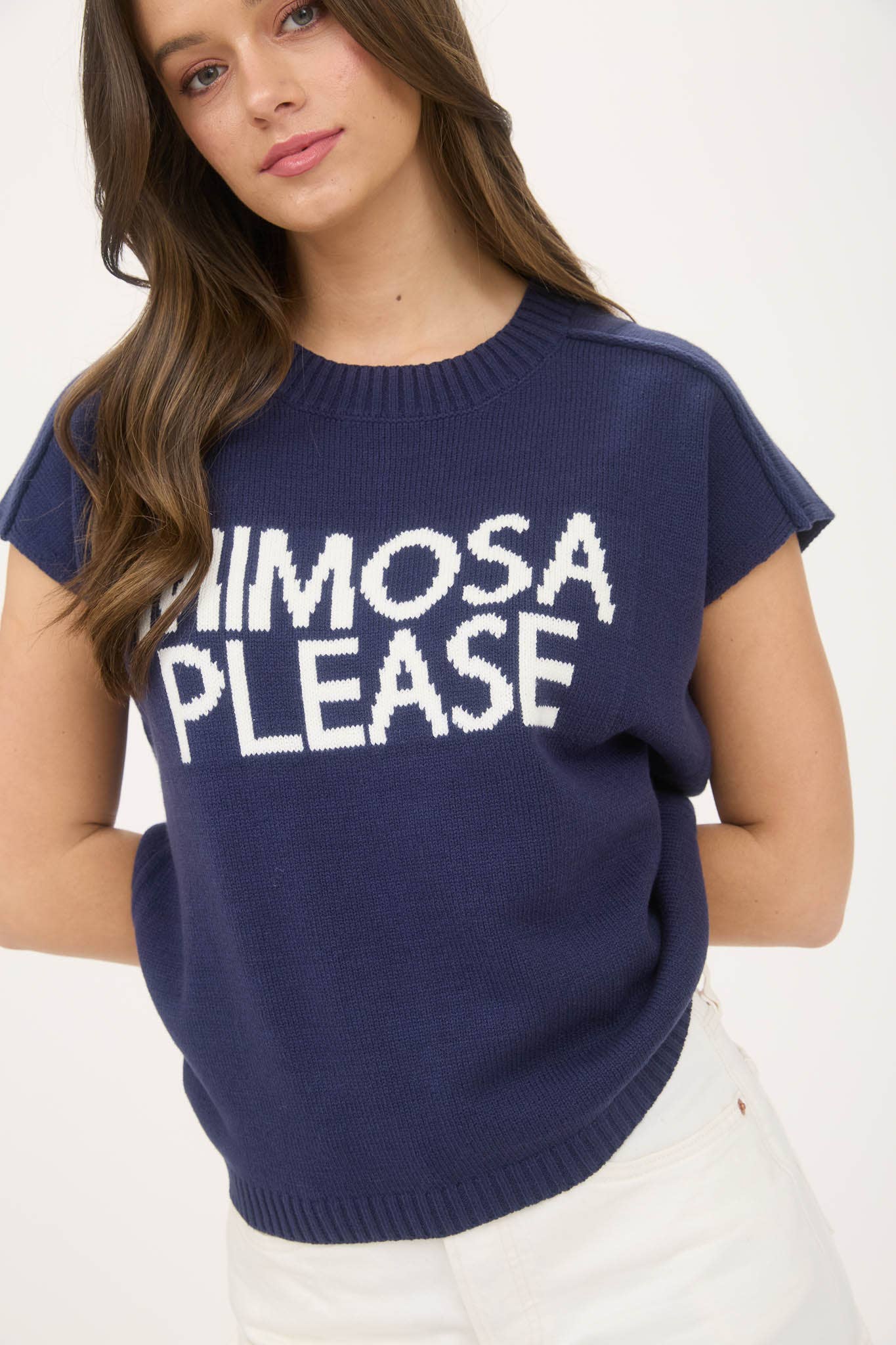 "MIMOSA PLEASE" SHORT SLEEVE PULLOVER SWEATER