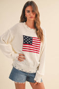Cream USA Flag Distressed Lightweight Sweater