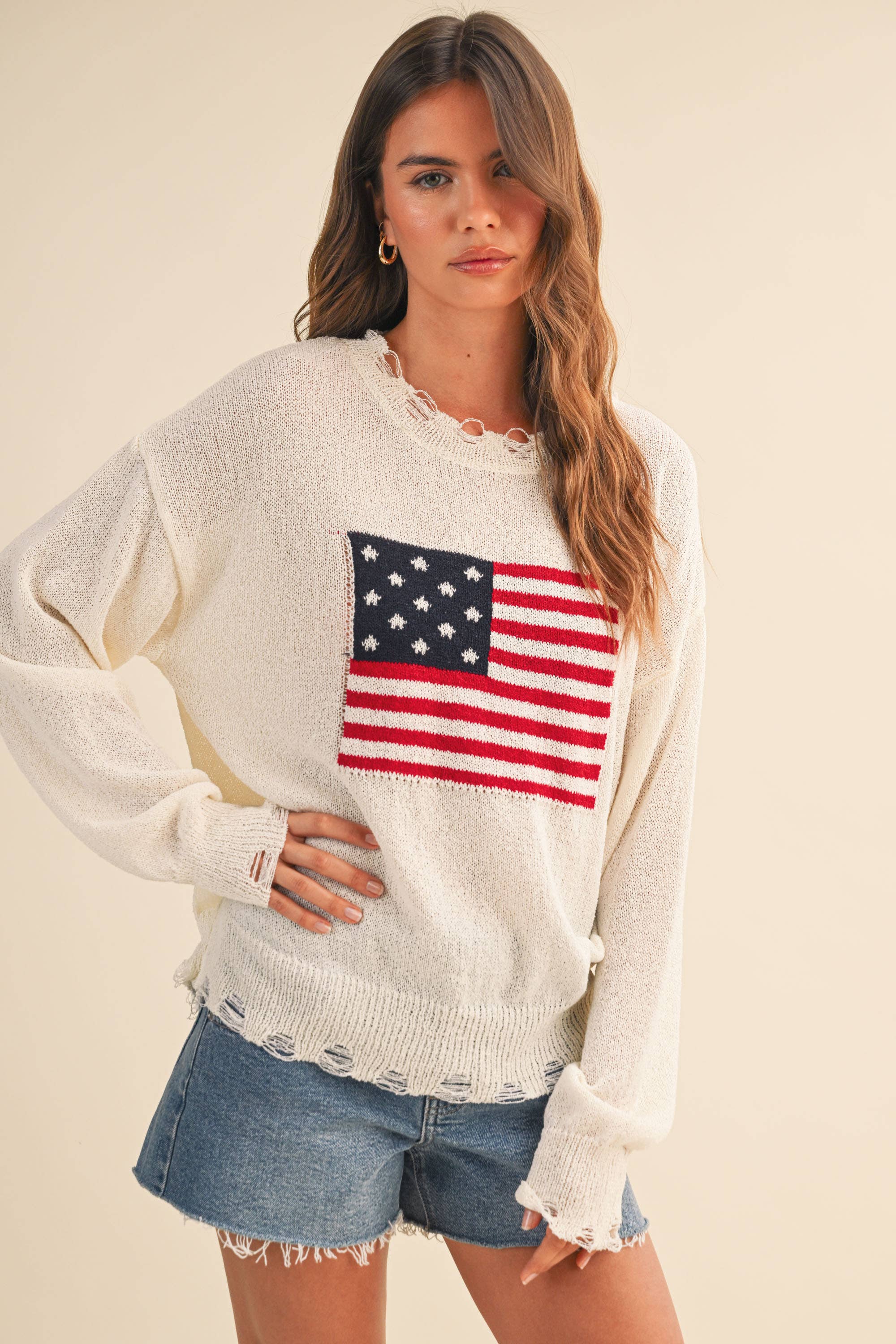 Cream USA Flag Distressed Lightweight Sweater