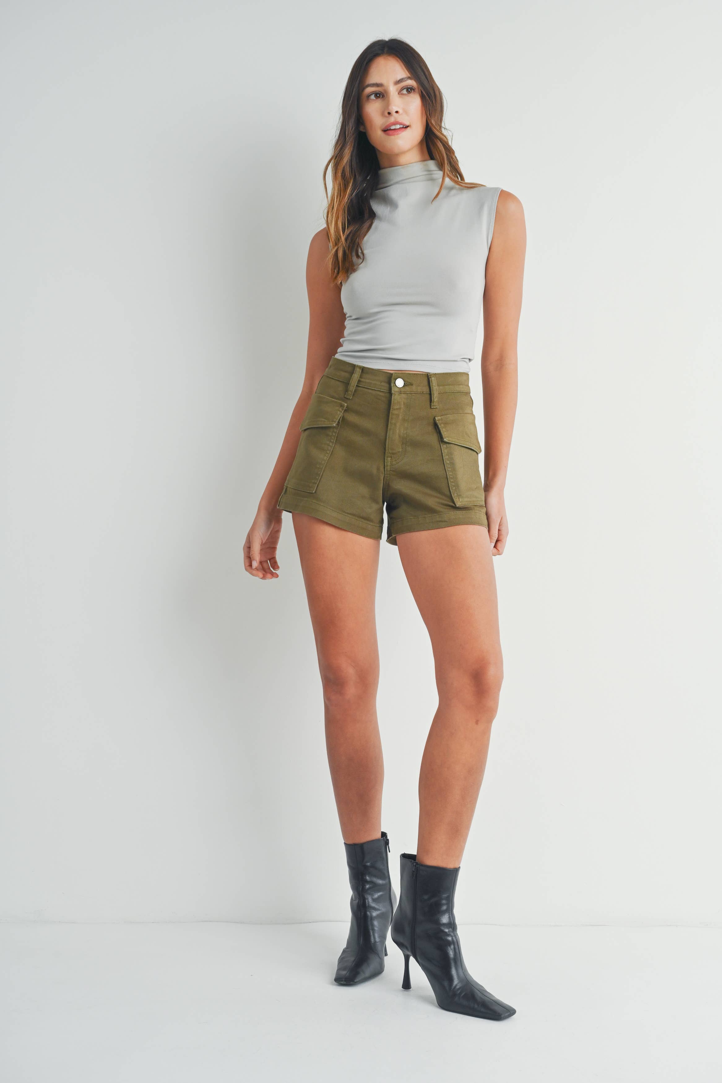 Olive cargo shorts - back view showing relaxed fit