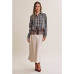 Plaid & Lace Hem Button-Down Shirt – Blue/Brown