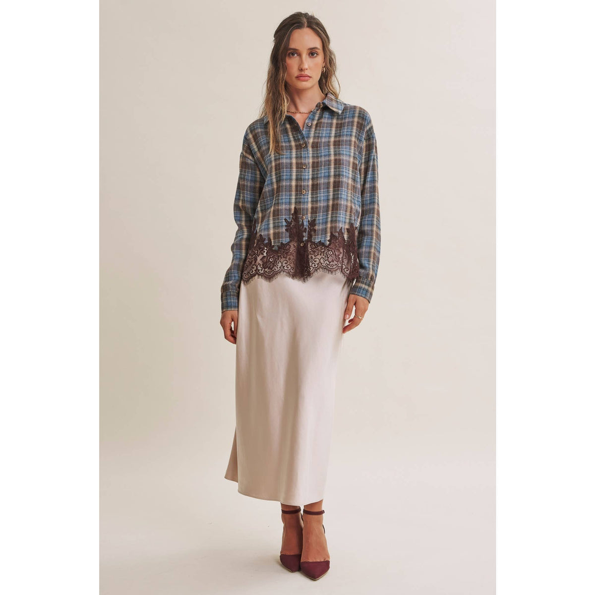 Plaid & Lace Hem Button-Down Shirt – Blue/Brown
