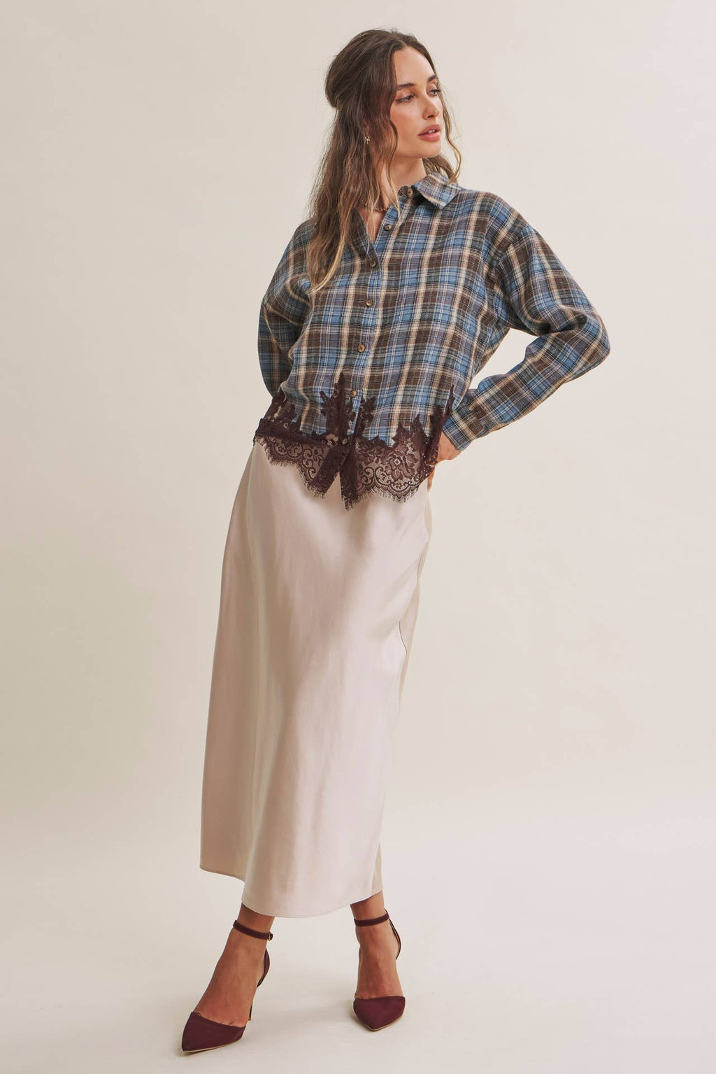 Plaid & Lace Hem Button-Down Shirt – Blue/Brown
