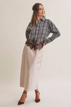Plaid & Lace Hem Button-Down Shirt – Blue/Brown