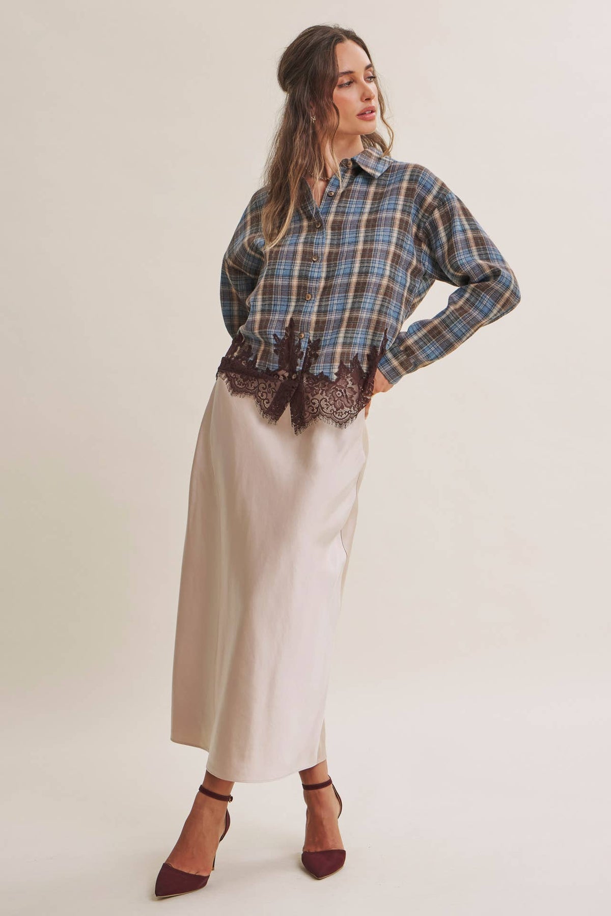 Plaid & Lace Hem Button-Down Shirt – Blue/Brown