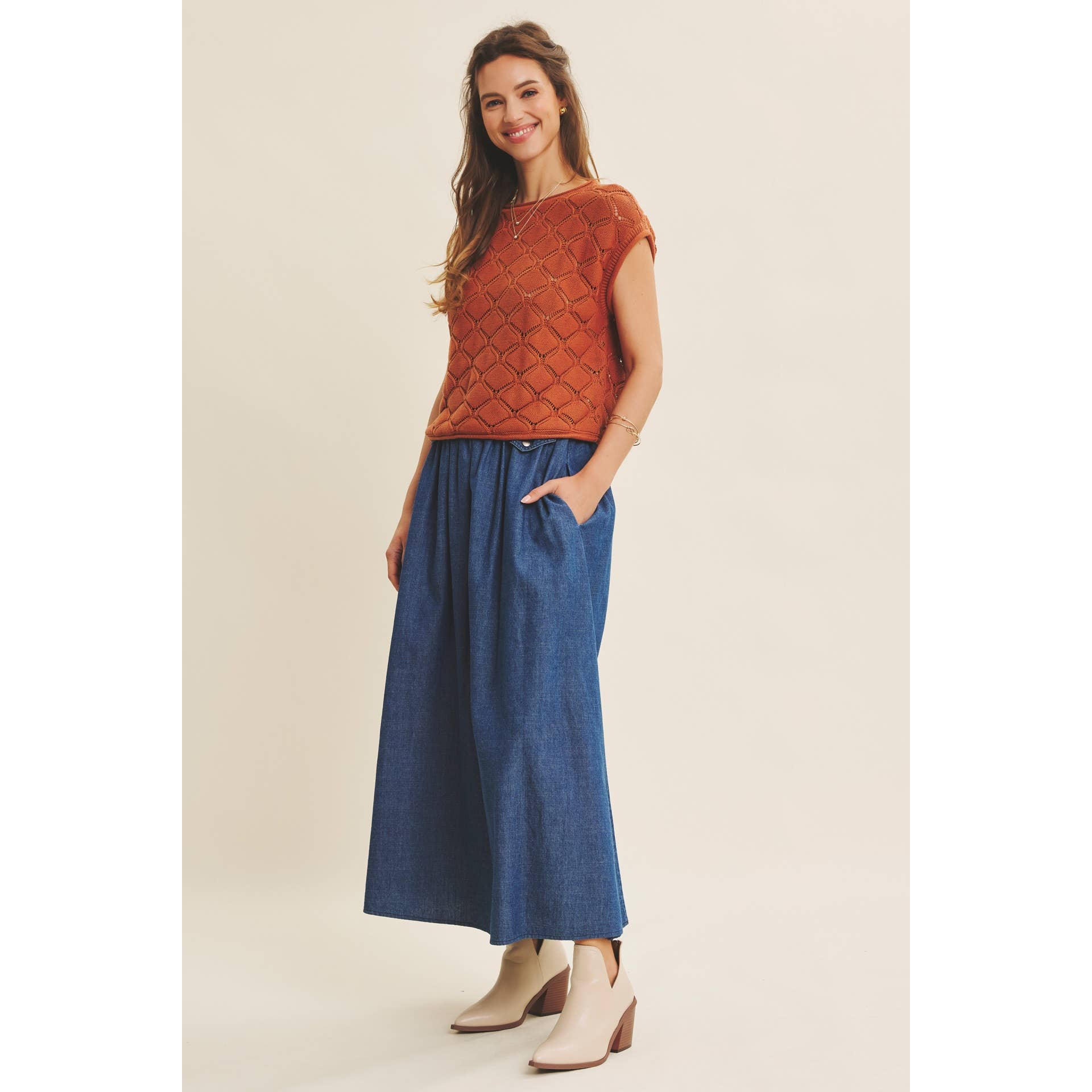 TIMELESS TEXTURED COTTON CABLE KNITTED SWEATER TOP