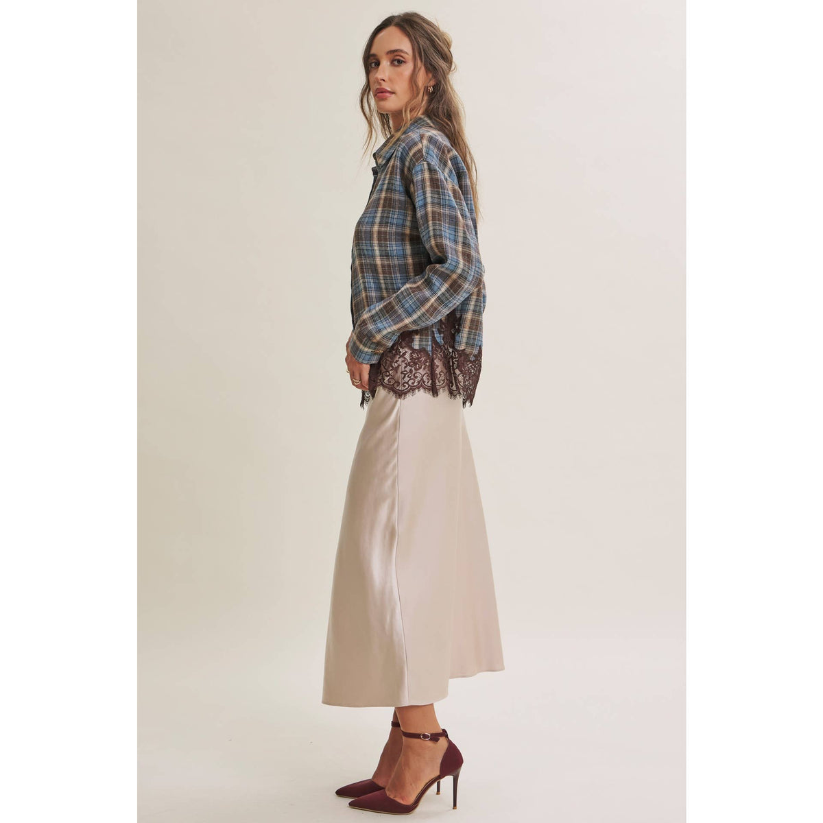 Plaid & Lace Hem Button-Down Shirt – Blue/Brown