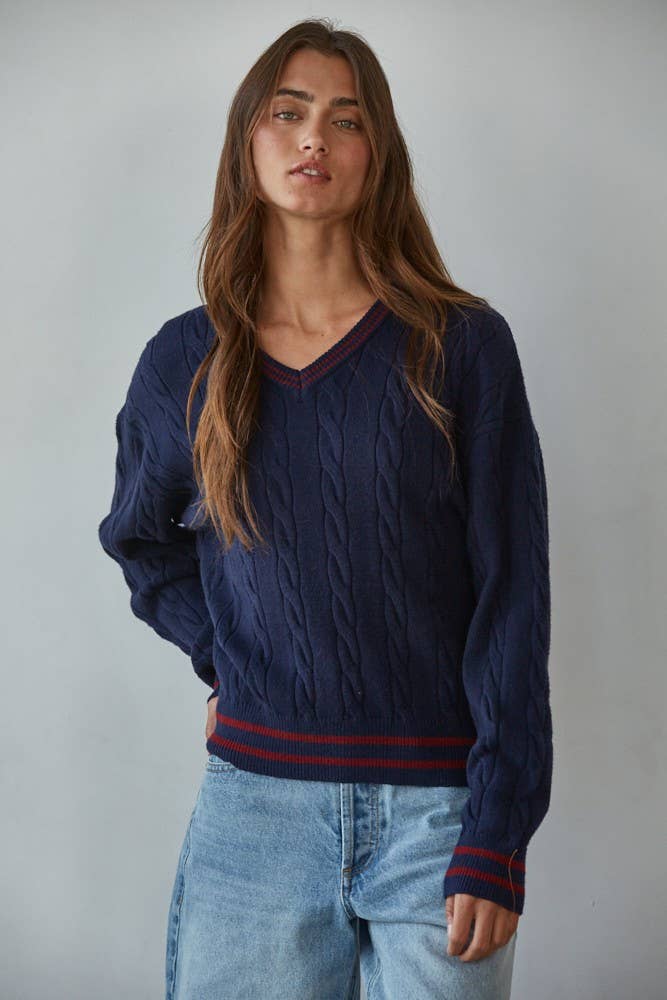 Knit Cable Sweater V-Neck Long Sleeve Pullover Top