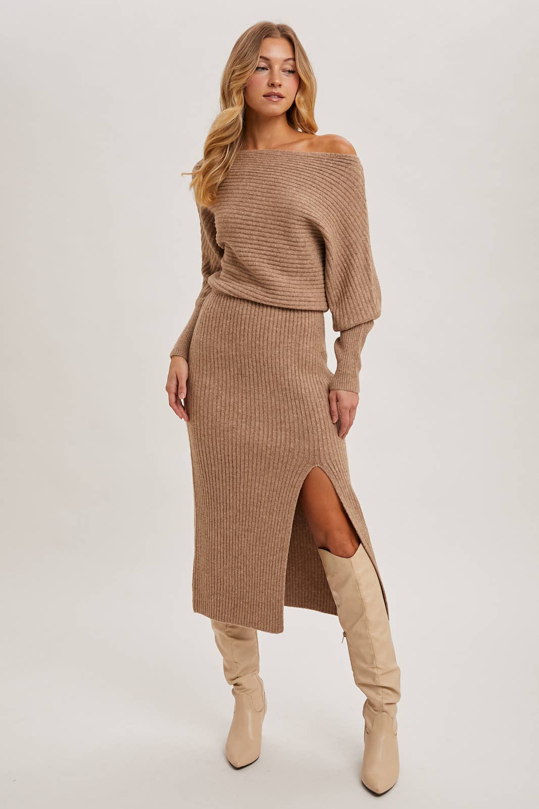 One Shoulder Off Side Slit Midi Knit Sweater Dress