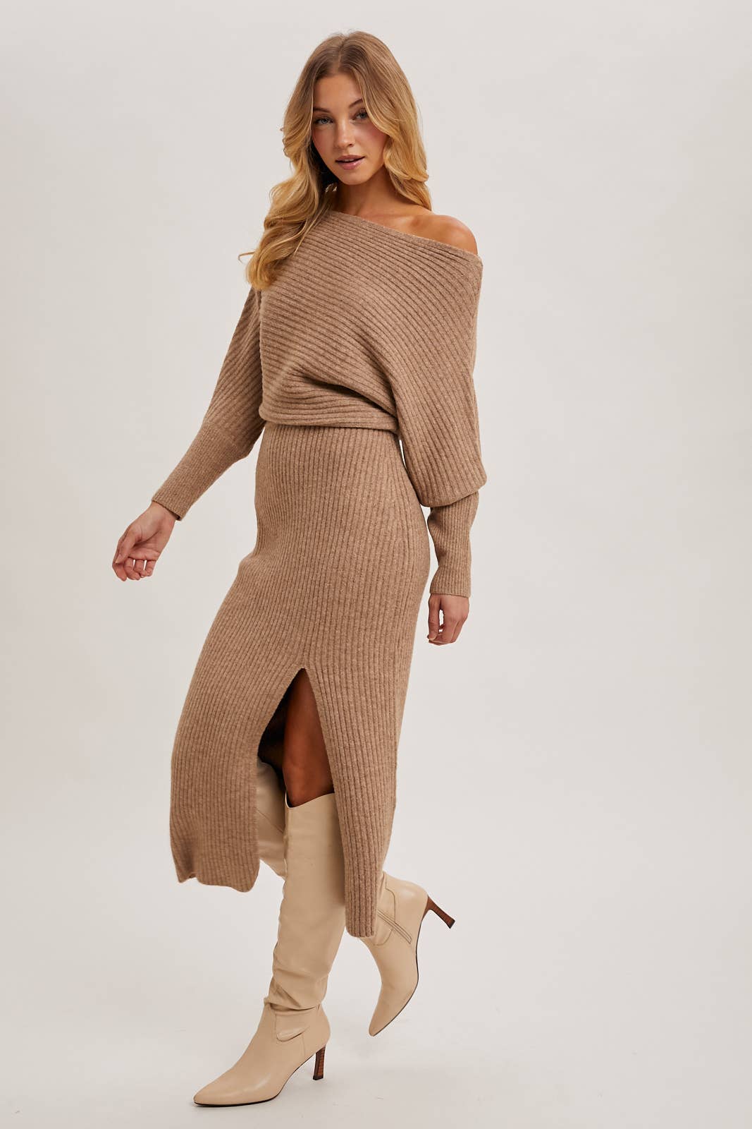 One Shoulder Off Side Slit Midi Knit Sweater Dress