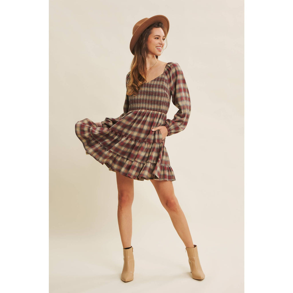 PLAID MINI SMOCKED DRESS WITH RUFFLES