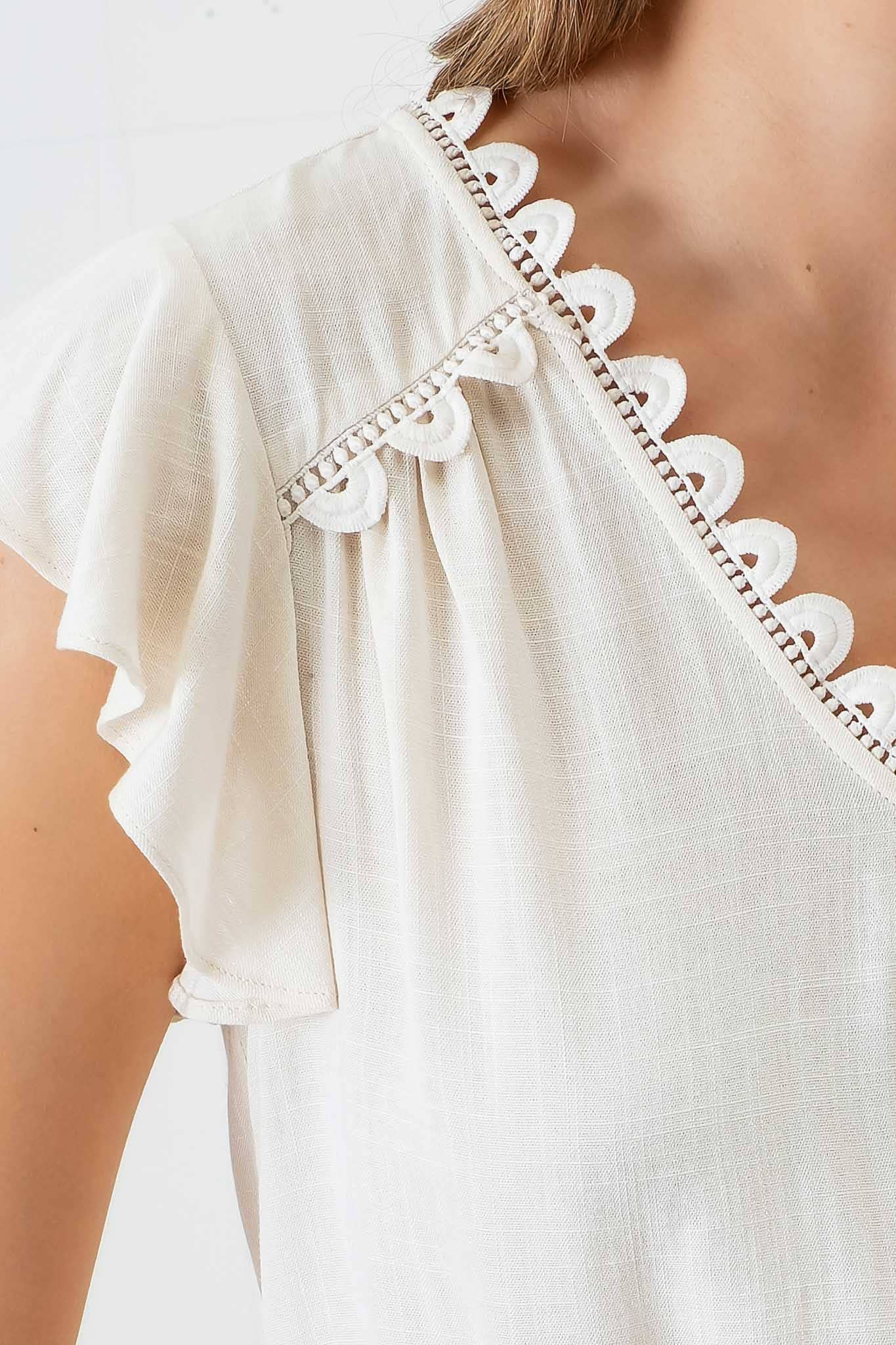SCALLOP LACE TRIM BACK TIE SHORT SLEEVE CROP TOP