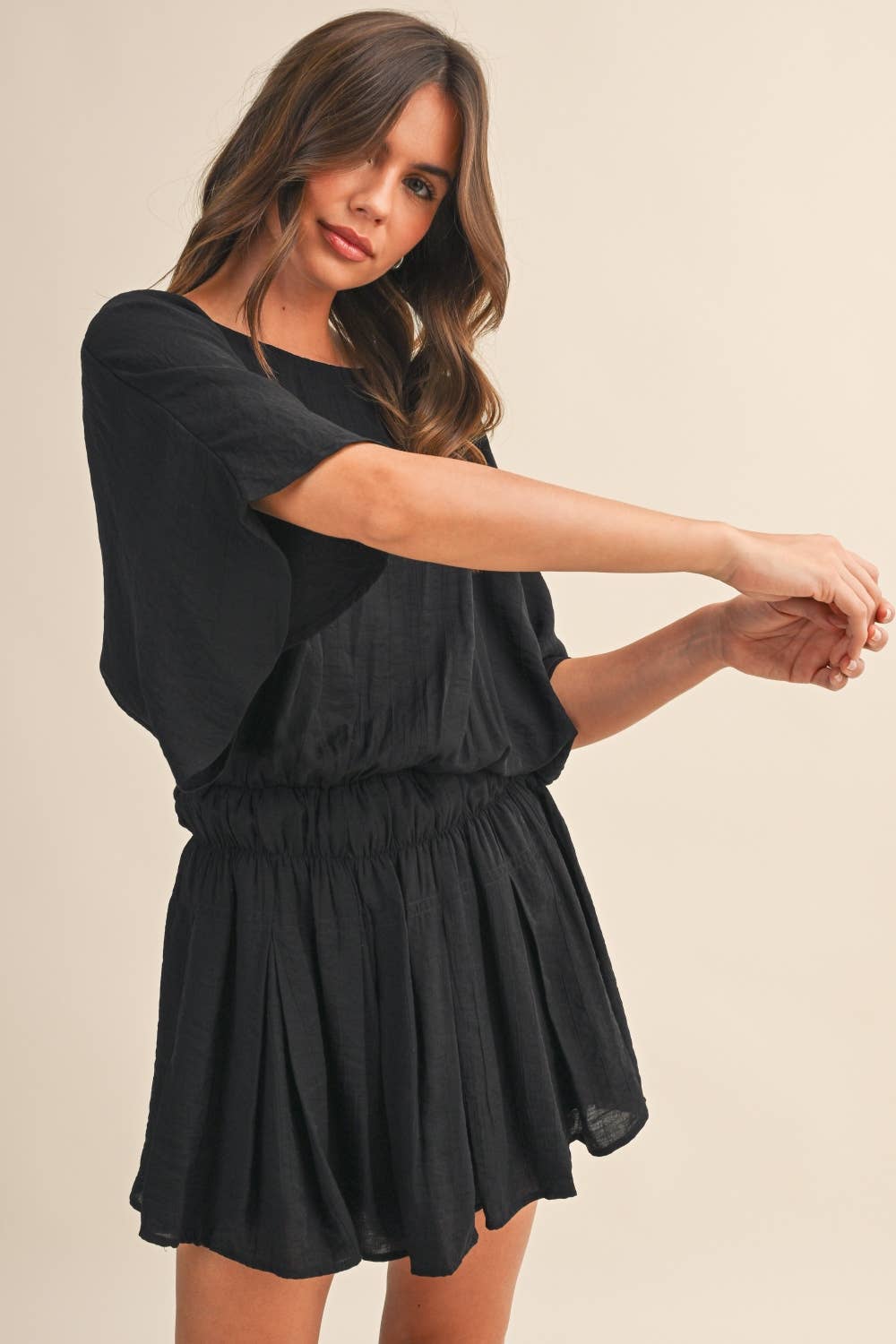 Black Crinkle Short Sleeve Romper
