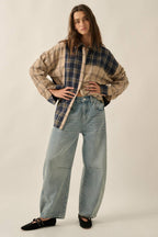 Colorblock Plaid Flannel Button-Up Shirt – Sand/Midnight