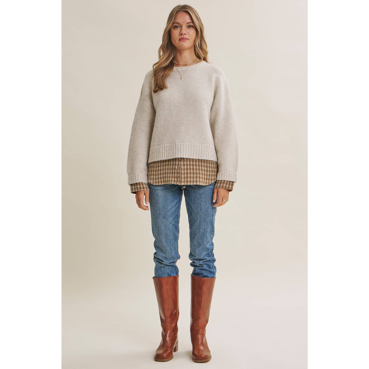Country Road Layered Plaid Hem Twofer Sweater Top – Light Oatmeal