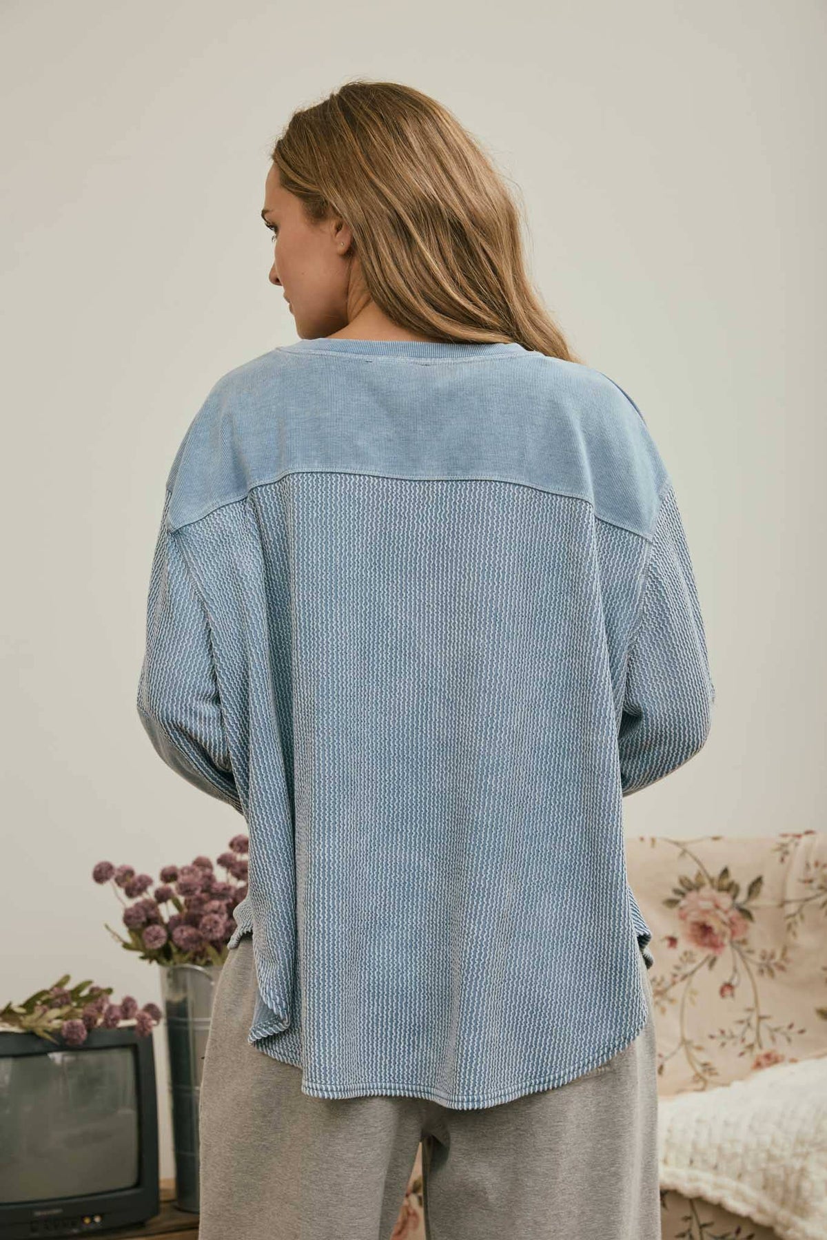 Boxy Textured Long Sleeve Washed Knit Top