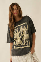 Tigers & Stars Vintage-Wash Oversized Graphic Tee – Charcoal