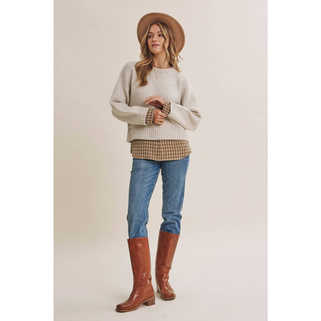 Country Road Layered Plaid Hem Twofer Sweater Top – Light Oatmeal