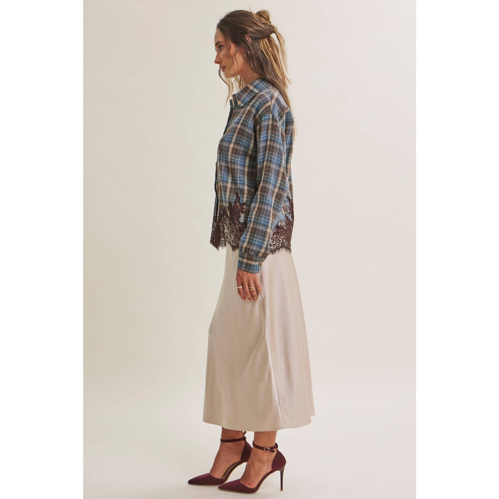 Plaid & Lace Hem Button-Down Shirt – Blue/Brown