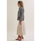 Plaid & Lace Hem Button-Down Shirt – Blue/Brown