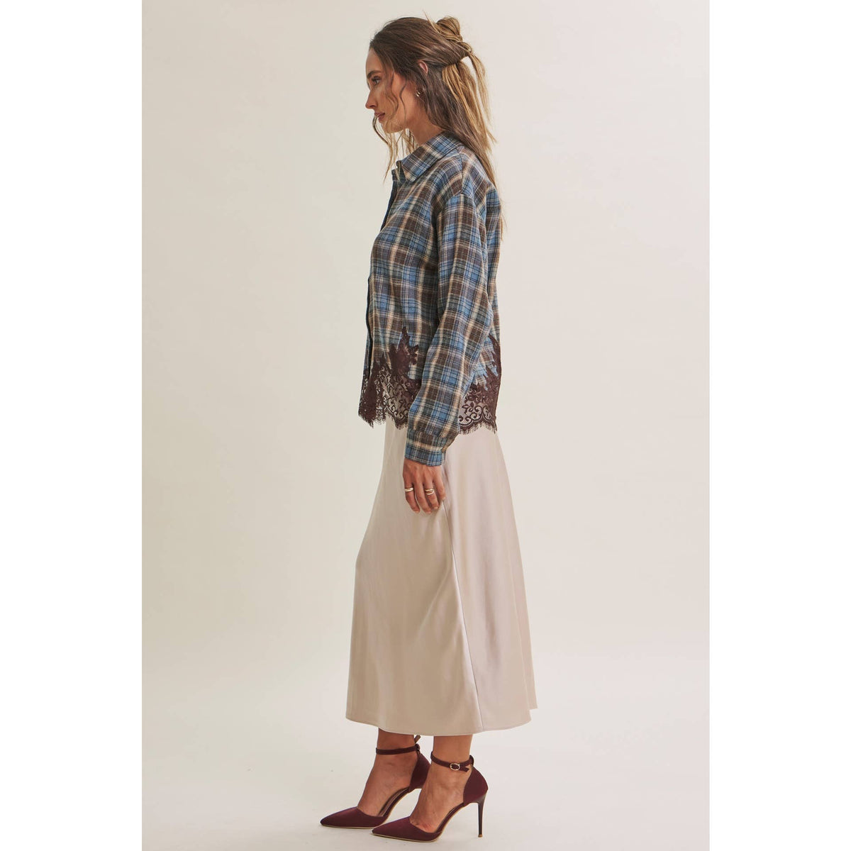 Plaid & Lace Hem Button-Down Shirt – Blue/Brown