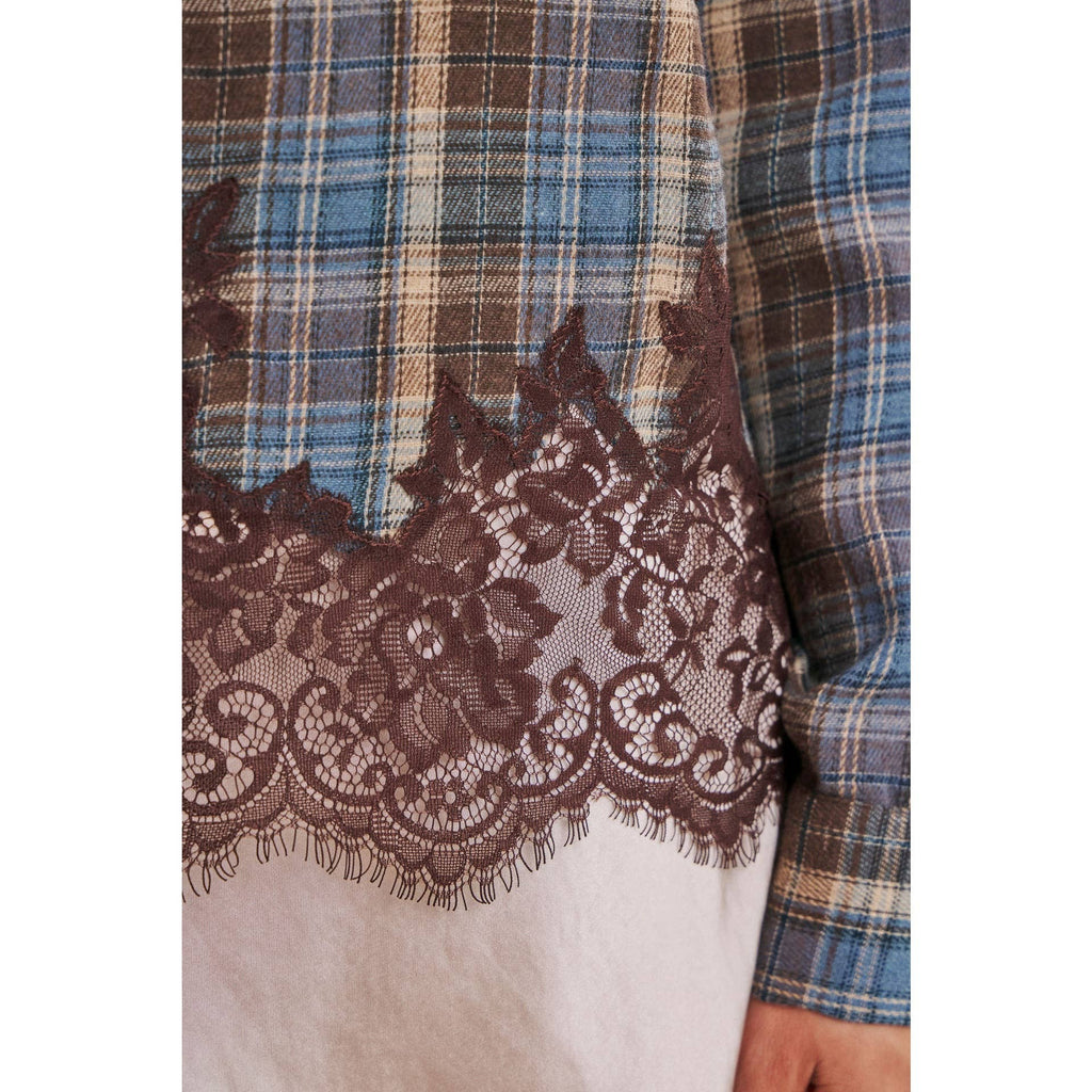 Plaid & Lace Hem Button-Down Shirt – Blue/Brown