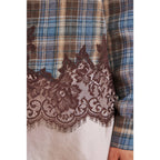 Plaid & Lace Hem Button-Down Shirt – Blue/Brown