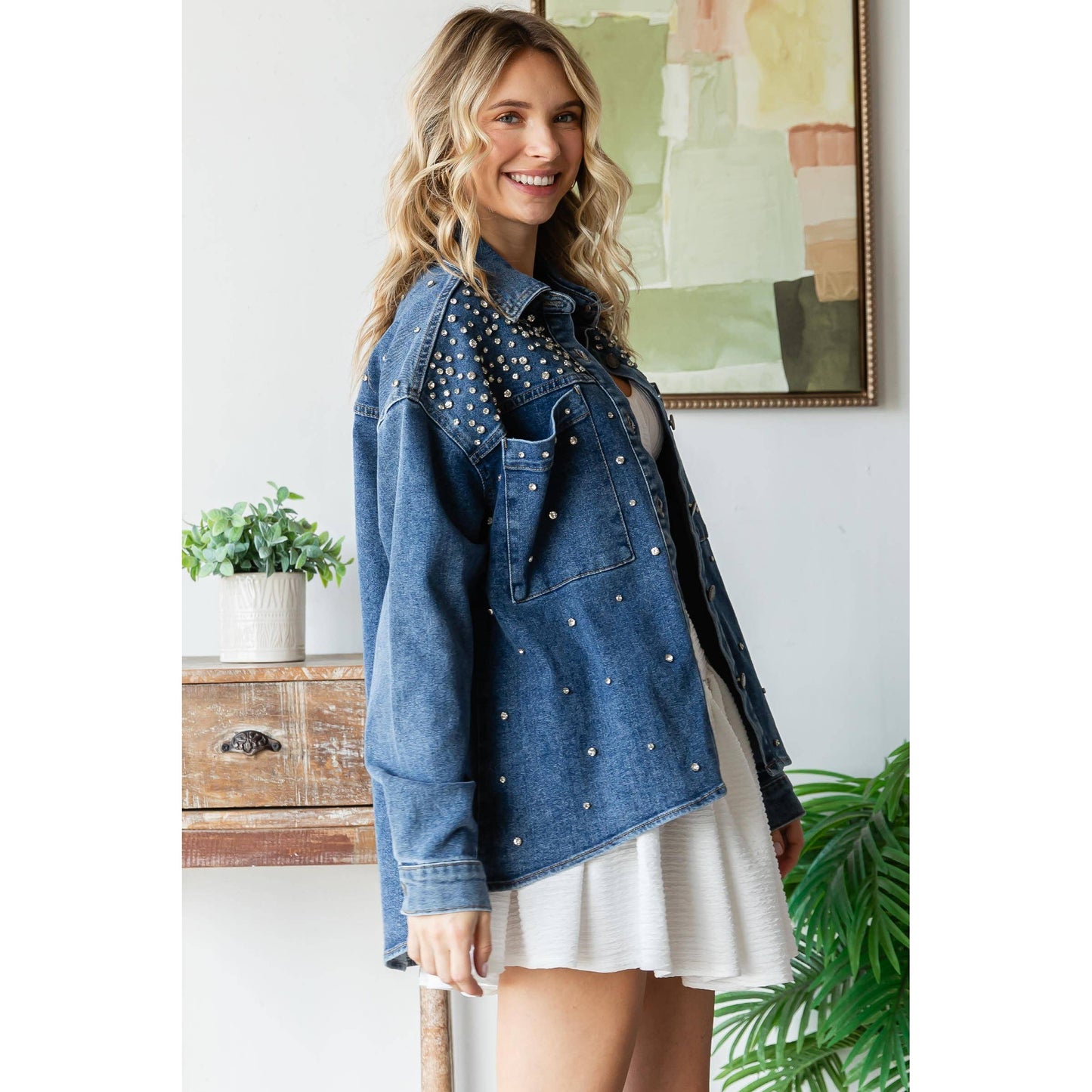 Rhinestone Detail Denim Shacket