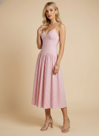 Pink Stripe V-Neck Fit & Flare Midi Dress