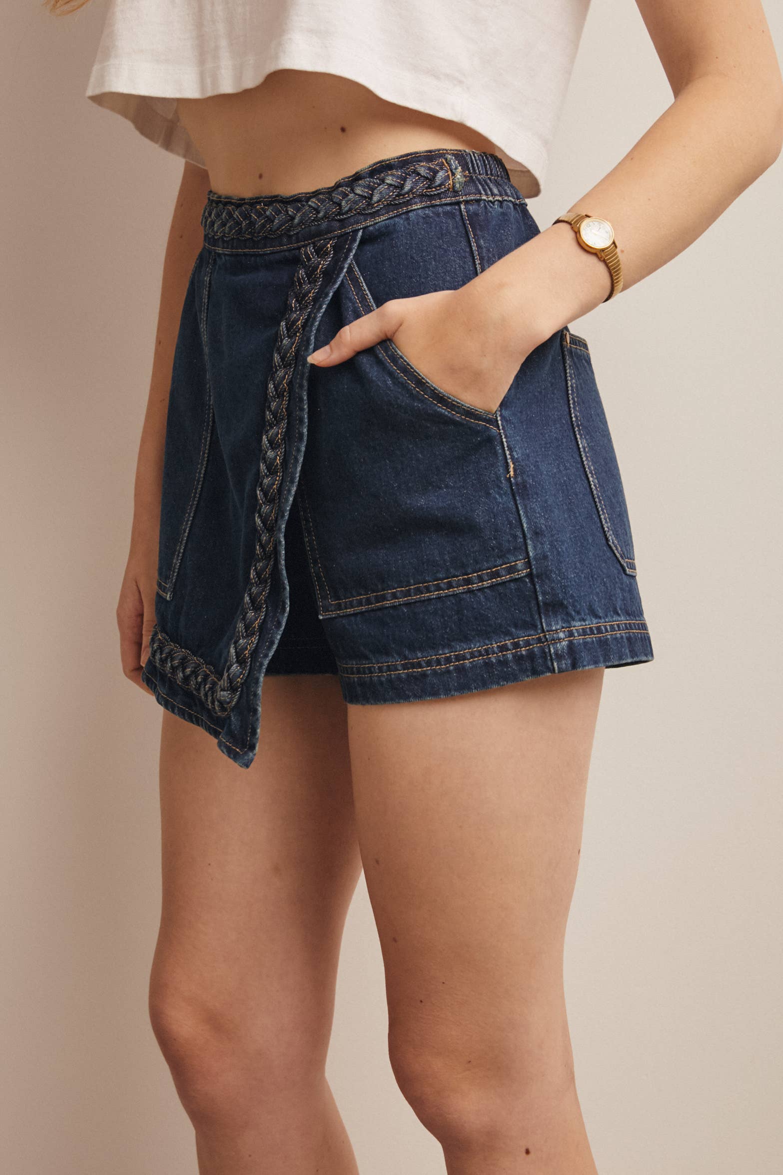 Braided Trim Denim Wrap Skort