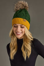 Green & Gold Trim Cable Knit Pom Hat
