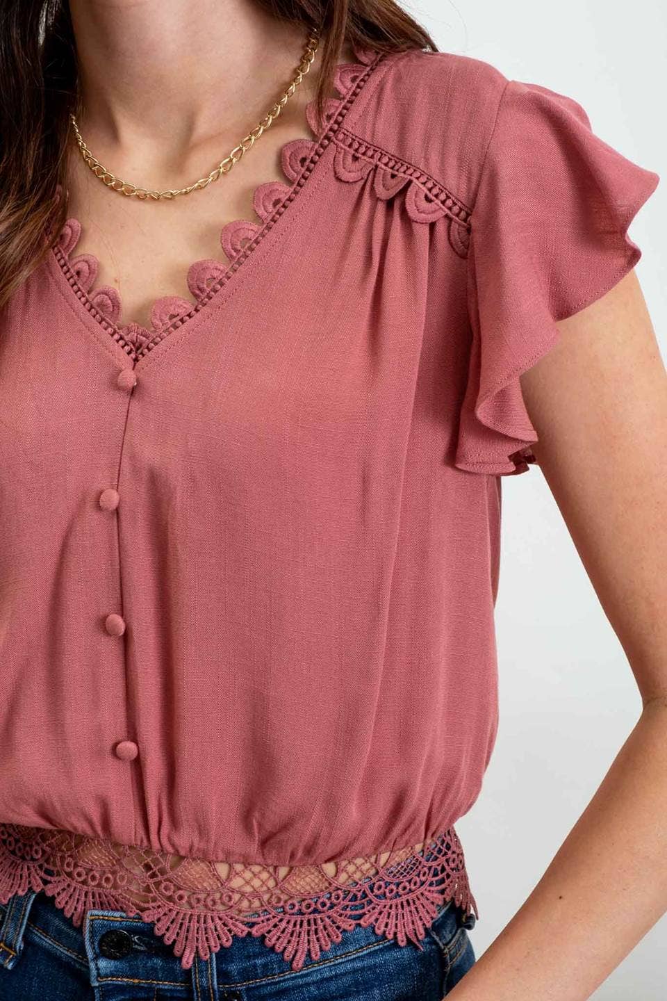 SCALLOP LACE TRIM BACK TIE SHORT SLEEVE CROP TOP